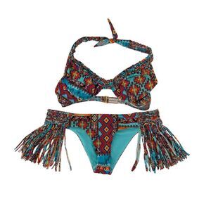 Luli Fama Wild And Free Bikini Set Size L Fringe Bottoms Cheeky Push Up Halter